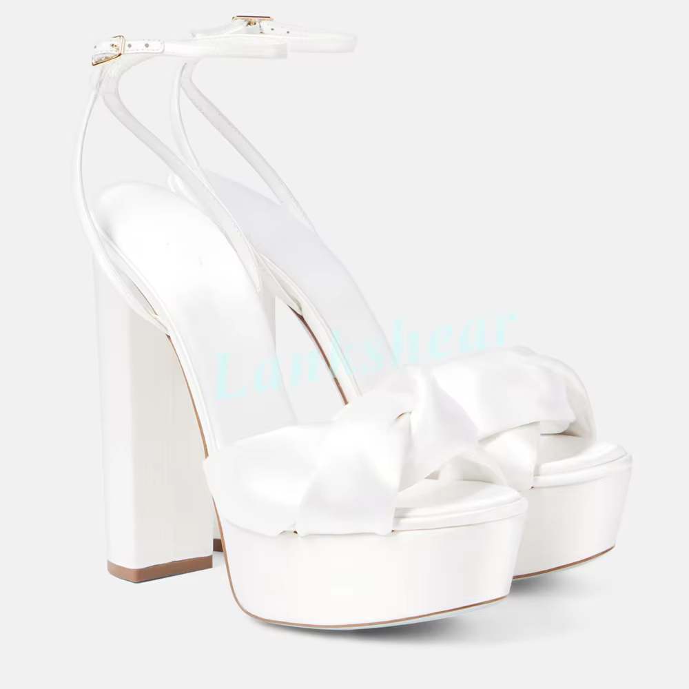 Sandales à plateforme en satin blanc pour femmes, à bout ouvert avec détail en satin noué, talon épais élégant, chaussures de mariée pour mariage