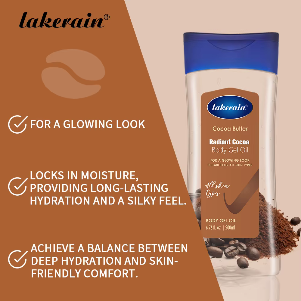 Lakerain huile de Gel corporel au cacao soin de la peau hydratant en profondeur 200ml huile corporelle beurre de cacao hydratant Radian pour tous les Types de peau