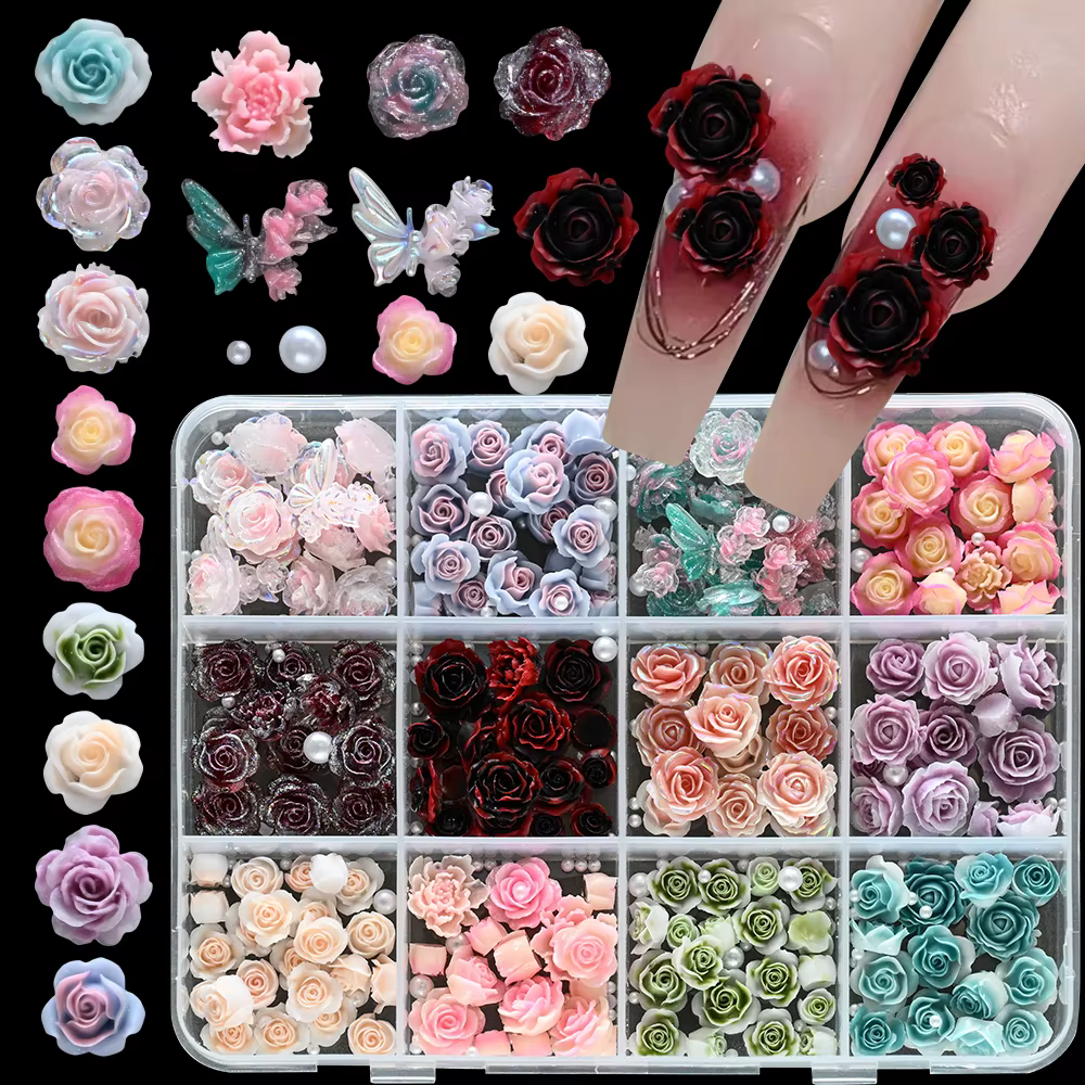 12 Grilles de Breloques 3D pour Ongles Camélia Rose