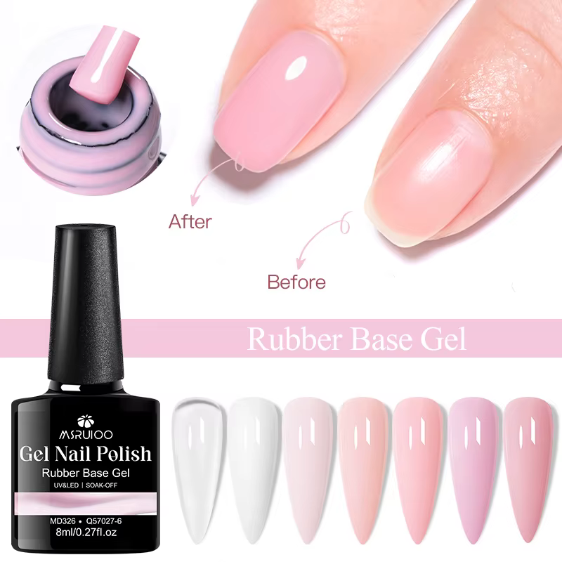 MSRUIOO Gel de base caoutchouc nude 8ml 2-en-1 semi-permanent pour nail art style français