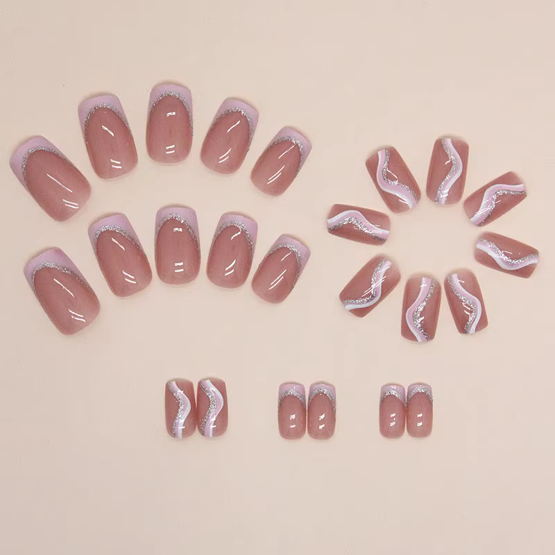 24 pièces rayures minimalistes françaises courtes avec 1 gelée et 1 lime à ongles doux Nail Art rose blanc rayure