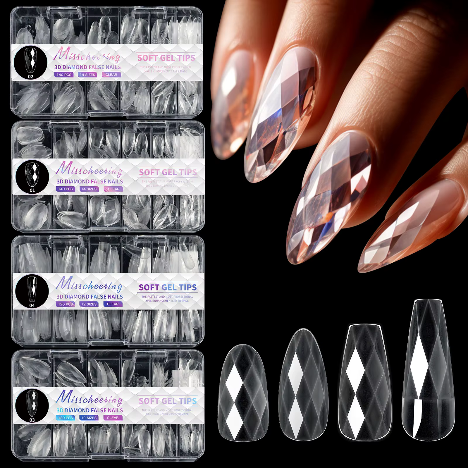 Faux ongles 3D en forme de diamant