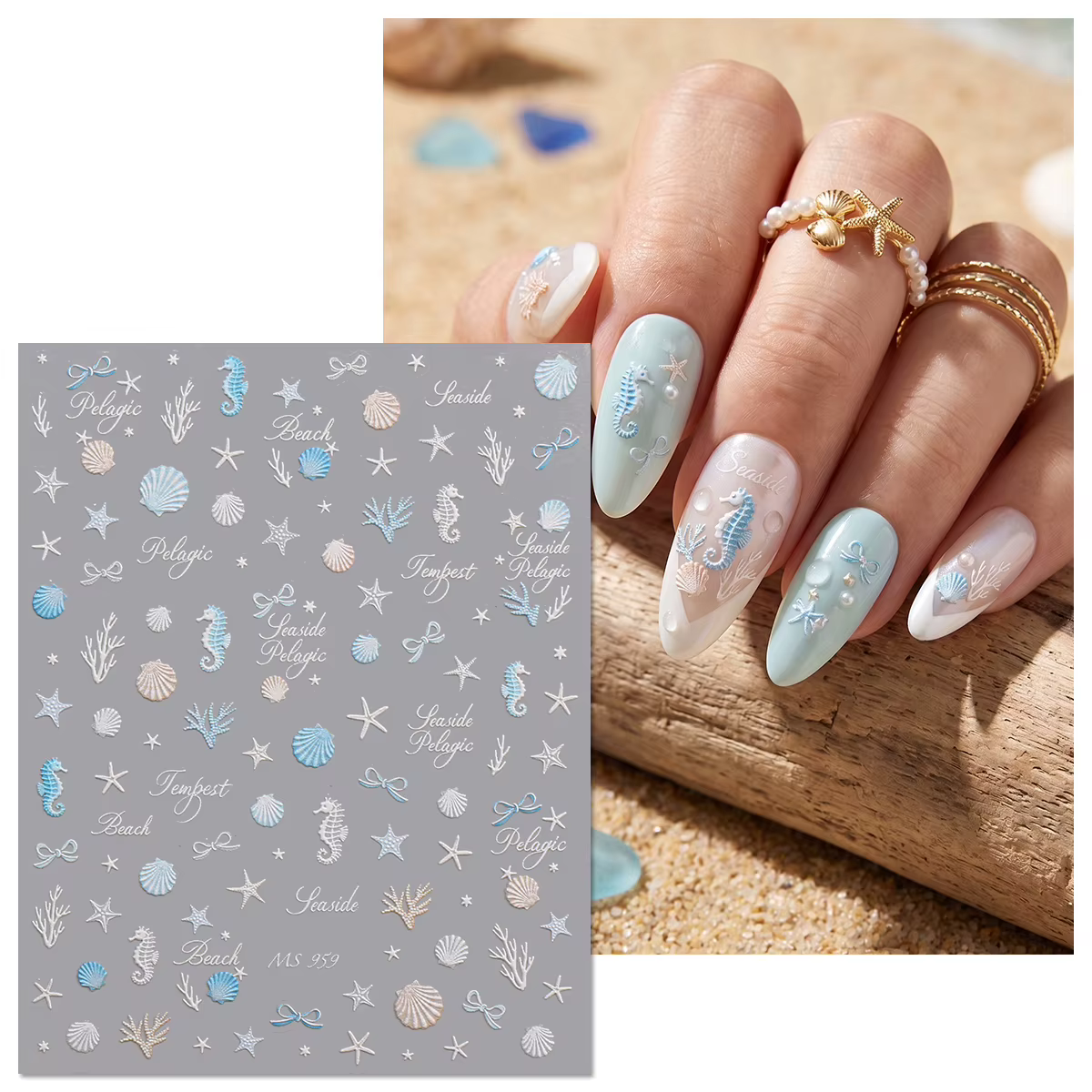 Autocollants pour ongles Coquillages Océaniques Aurora - Décorations 3D en relief Étoiles de mer et Hippocampes pour