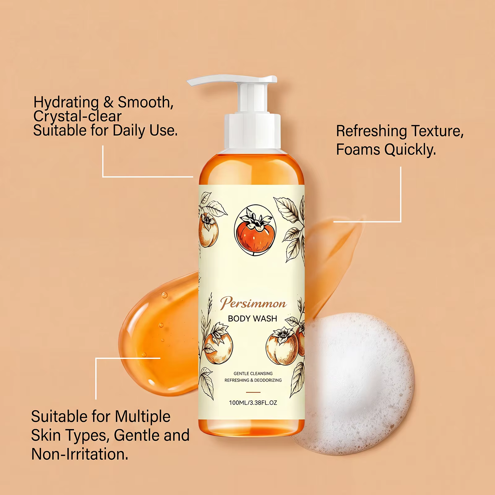 Gel douche au kaki, nettoyant doux, soin de la peau, hydratant en profondeur, rafraîchissant, pour tous les types de peau, fluide de bain